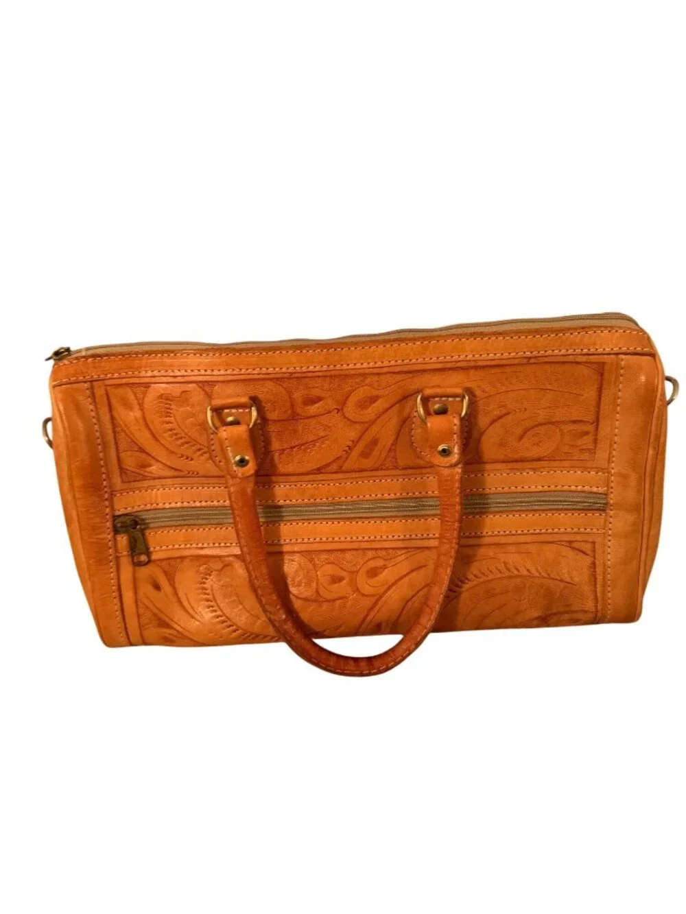 Vintage Womens Rectangular Hand-tooled Leather Handbag Top Handles Tan Western